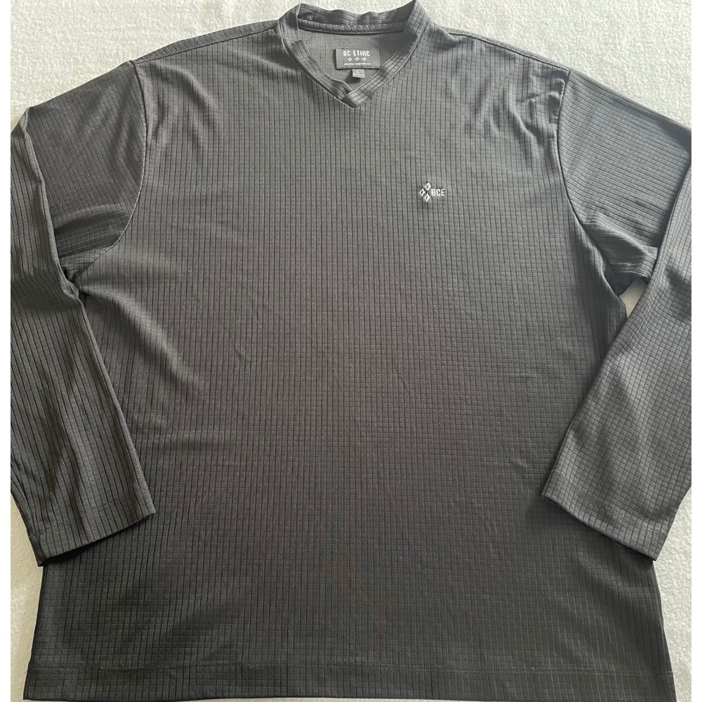 BC Ethic Mens Black Textured Grid‎ Long Sleeve V-Neck Shirt Large USA Made